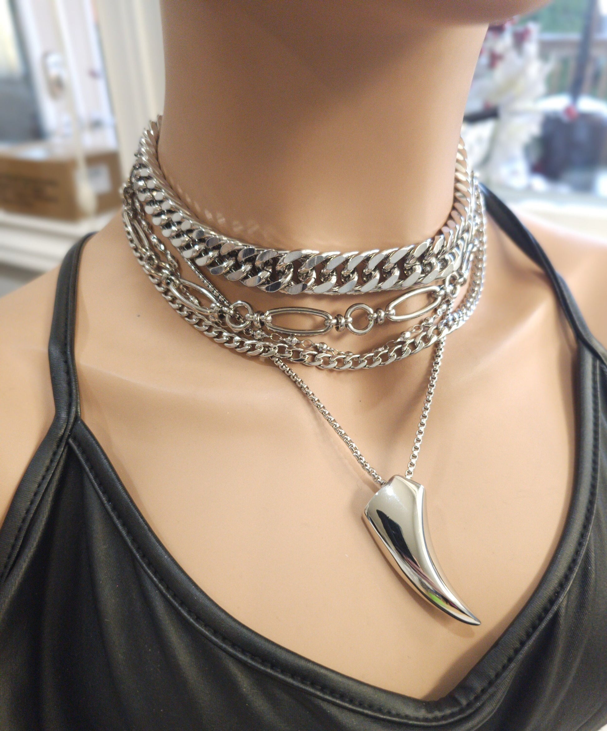 Silver Layered Multi Strand Chunky Chain Gothic Choker Necklace Set | Handmade Jewelry Dark Academia aesthetic gift for her, fang cat claw