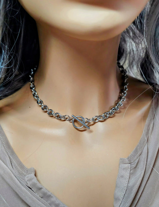 Chunky Cable Link Toggle Collar Choker Necklace / Waterproof Non Tarnish Steel grunge aesthetic punk necklace, handmade jewelry gift for her