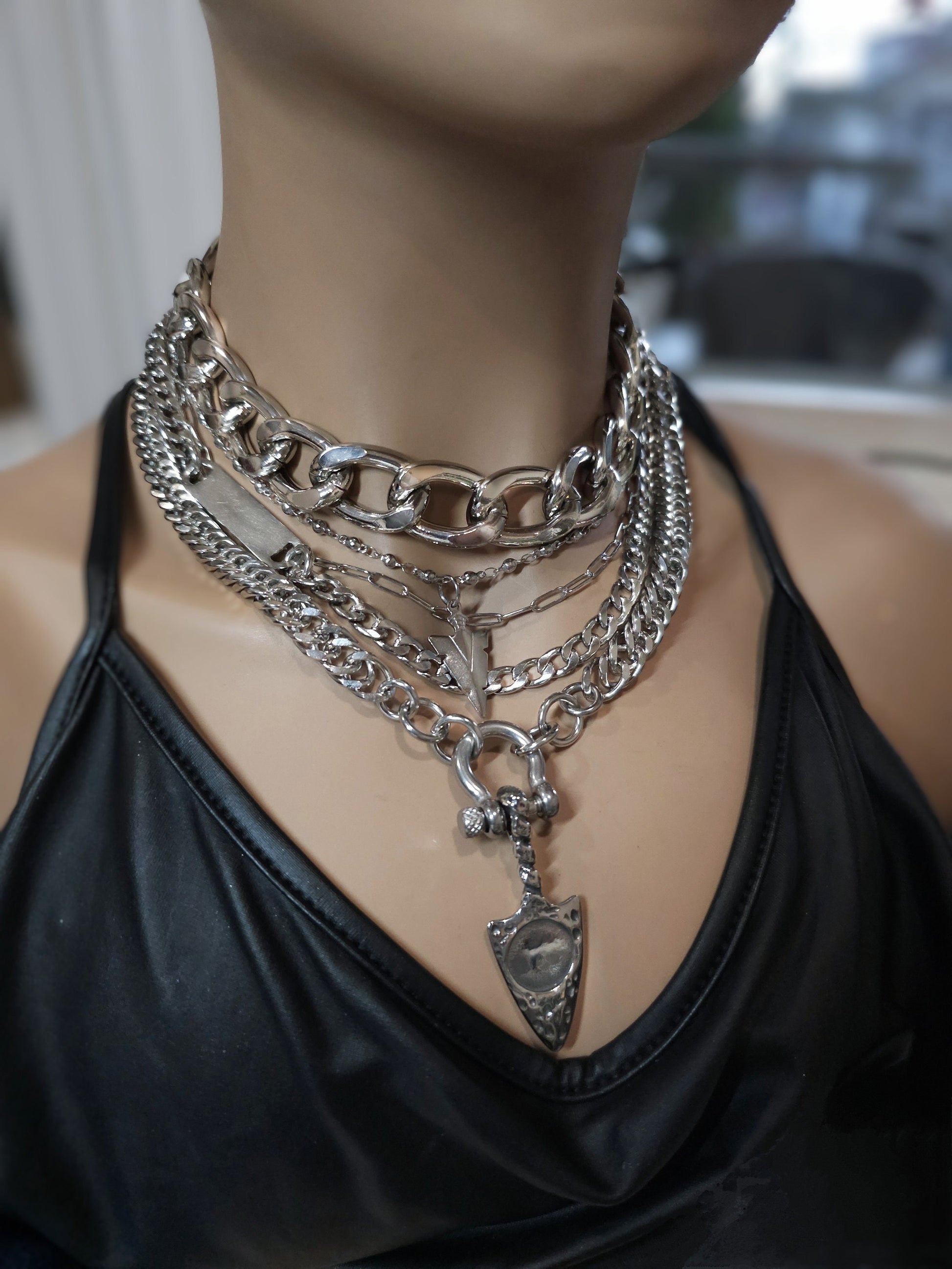 Layered Multi Strand Chunky Chain Gothic Choker Collar Necklace Set - non tarnish waterproof Handmade aesthetic jewelry gift for her