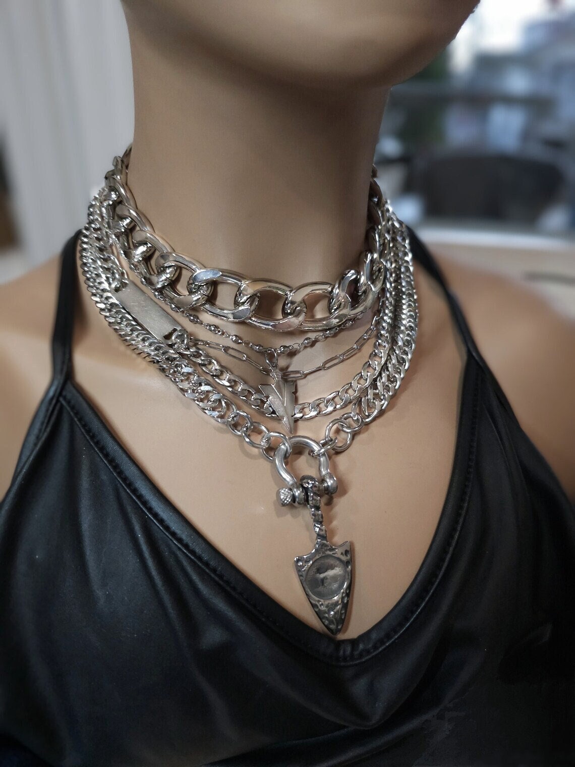 Layered Multi Strand Chunky Chain Gothic Choker Collar Necklace Set - non tarnish waterproof Handmade aesthetic jewelry gift for her