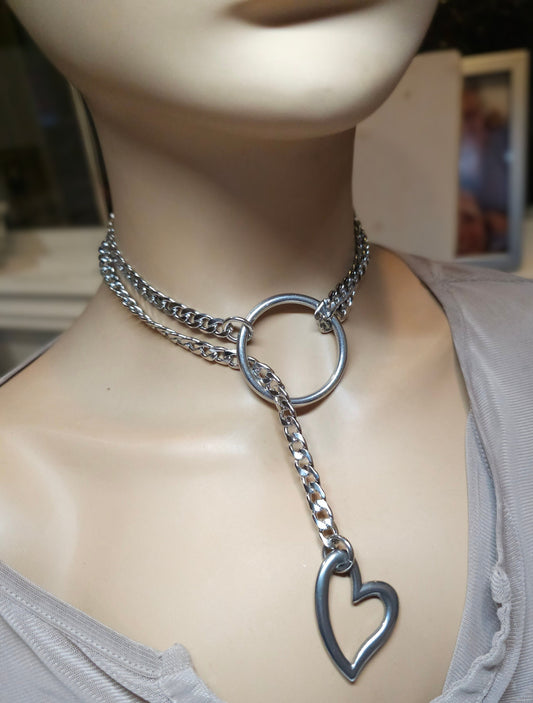 Slip Chain Heart Gothic Collar Choker Style Lariat Leash Layered Necklace | Self bondage aesthetic gift for her