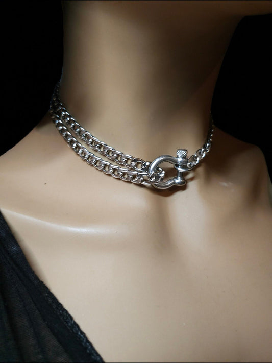 Steel Gothic Punk Collar Choker Layered Necklace Set Carabiner Lock - Bondage Day Collar, handmade grunge alt aesthetic jewelry