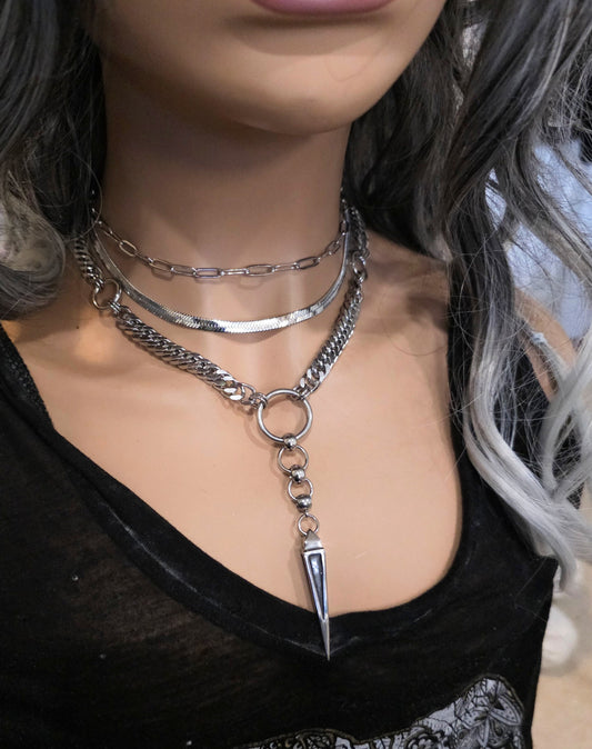 Steel Gothic Punk Layered Necklace Set Goth Collar Choker | Handmade, alt Dark Academia spike statement necklace gift for her, coffin nail