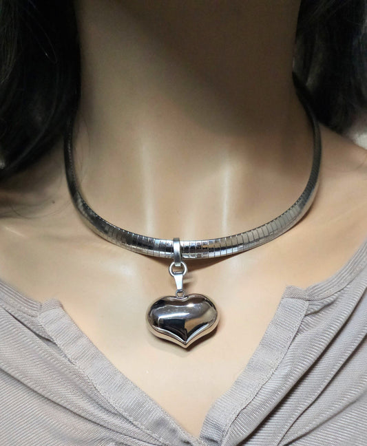 Silver Puffy Heart Necklace on Chunky Herringbone Chain | Waterproof Non Tarnish Steel | Handmade Jewelry Valentines Day gift for her choker