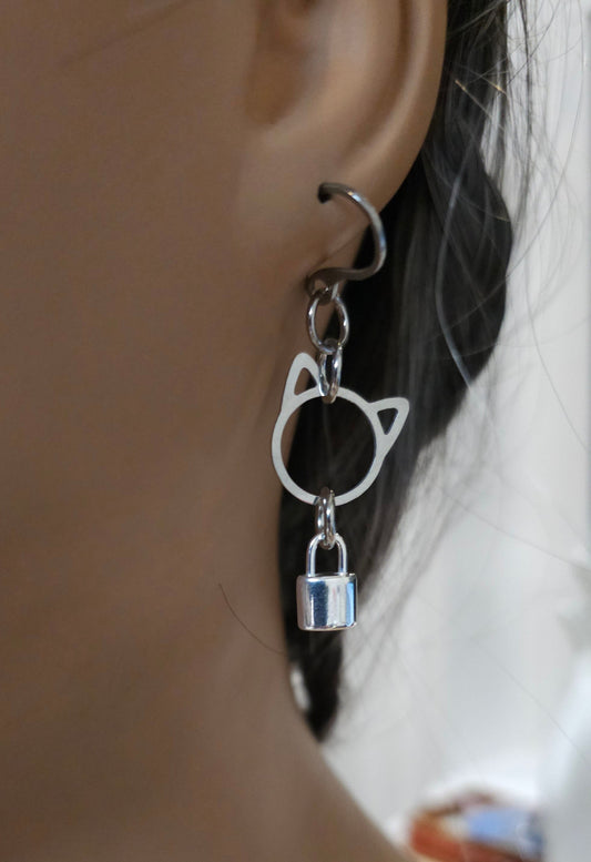 Kitty Cat Padlock Padlock Dangle Earrings Pair - Kitten BDSM Jewelry