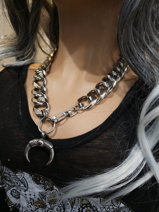 Steel Chunky Chain Goth Oversized Horn Talon Witchy Pagan Necklace | Handmade, Waterproof, alt punk gothic statement necklace gift for her