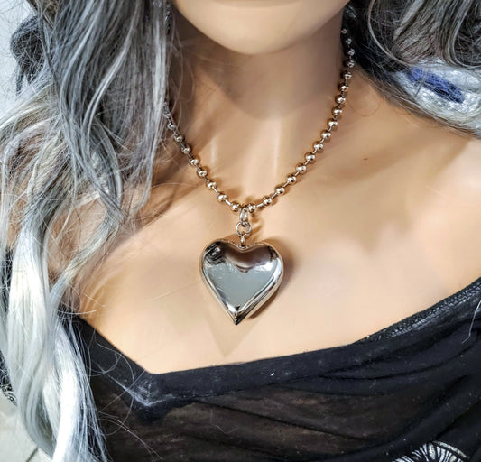 Steel Puffy Heart Choker on Chunky Ball Chain | Waterproof Non Tarnish Blob Heart | Handmade Jewelry statement gift for her, punk necklace