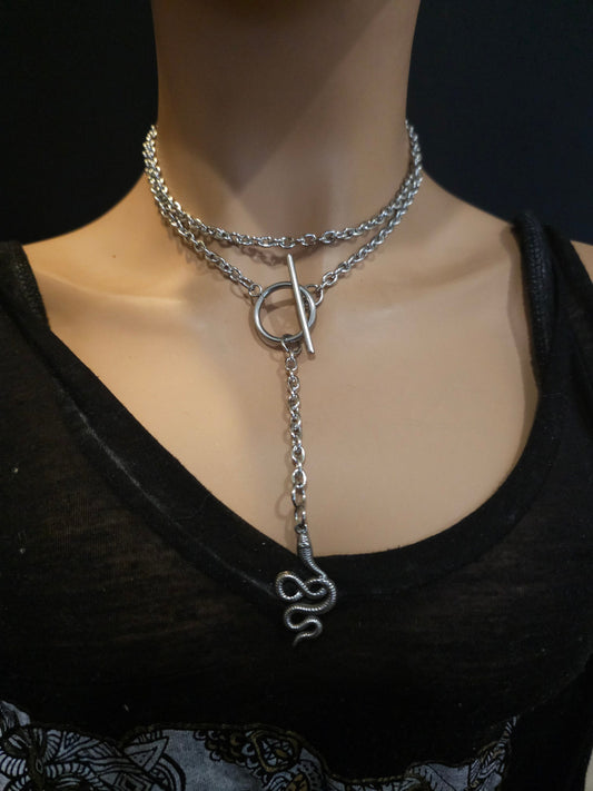 Silver Slip Chain Elegant Lariat Toggle Necklace with Snake Charm - Waterproof, Handmade Jewelry, Goth Jewelry Punk Necklace Gift for Her