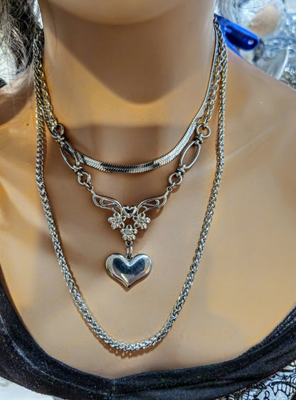 Silver Steel Layered Heart Multi Strand Chain Necklace Set | non tarnish waterproof Handmade Jewelry gift for her, love jewelry