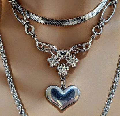 Silver Steel Layered Heart Multi Strand Chain Necklace Set | non tarnish waterproof Handmade Jewelry gift for her, love jewelry