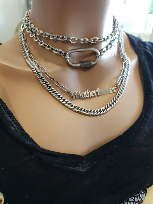 Steel Chunky Gothic Punk Swear Word Collar Choker Layered Necklace Set | A mature Dark Academia aesthetic necklace