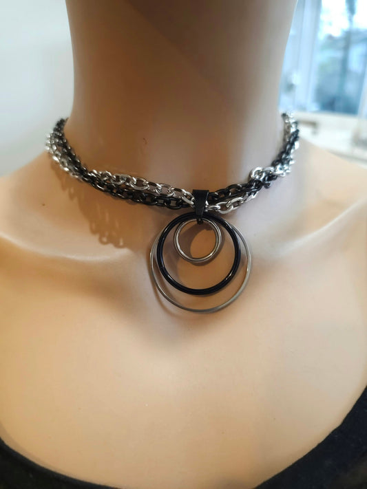 Steel Day Collar Choker Gothic Punk Necklace | Black & Silver O Ring Pendant, handmade Dark Academia Aesthetic jewelry