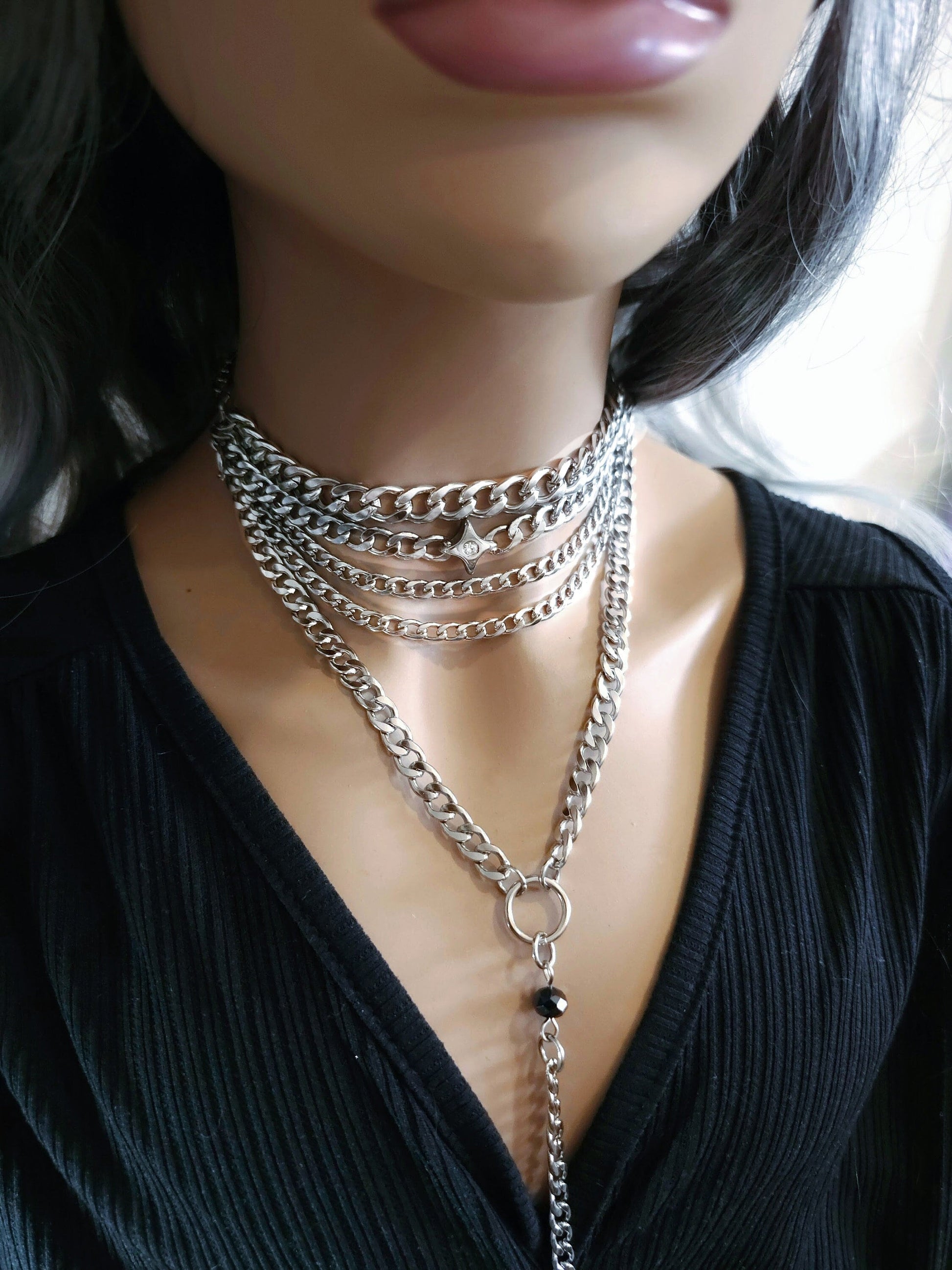 Silver Layered Gothic Punk Choker Collar Multi Strand Chunky Chain Necklace Set | non tarnish, Handmade aesthetic Jewelry gift for her