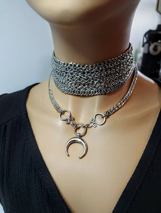 Silver Layered Chunky Chain Gothic Punk Collar Choker Mult Strand Moon Necklace Set | A Handmade witch aesthetic statement gift for her