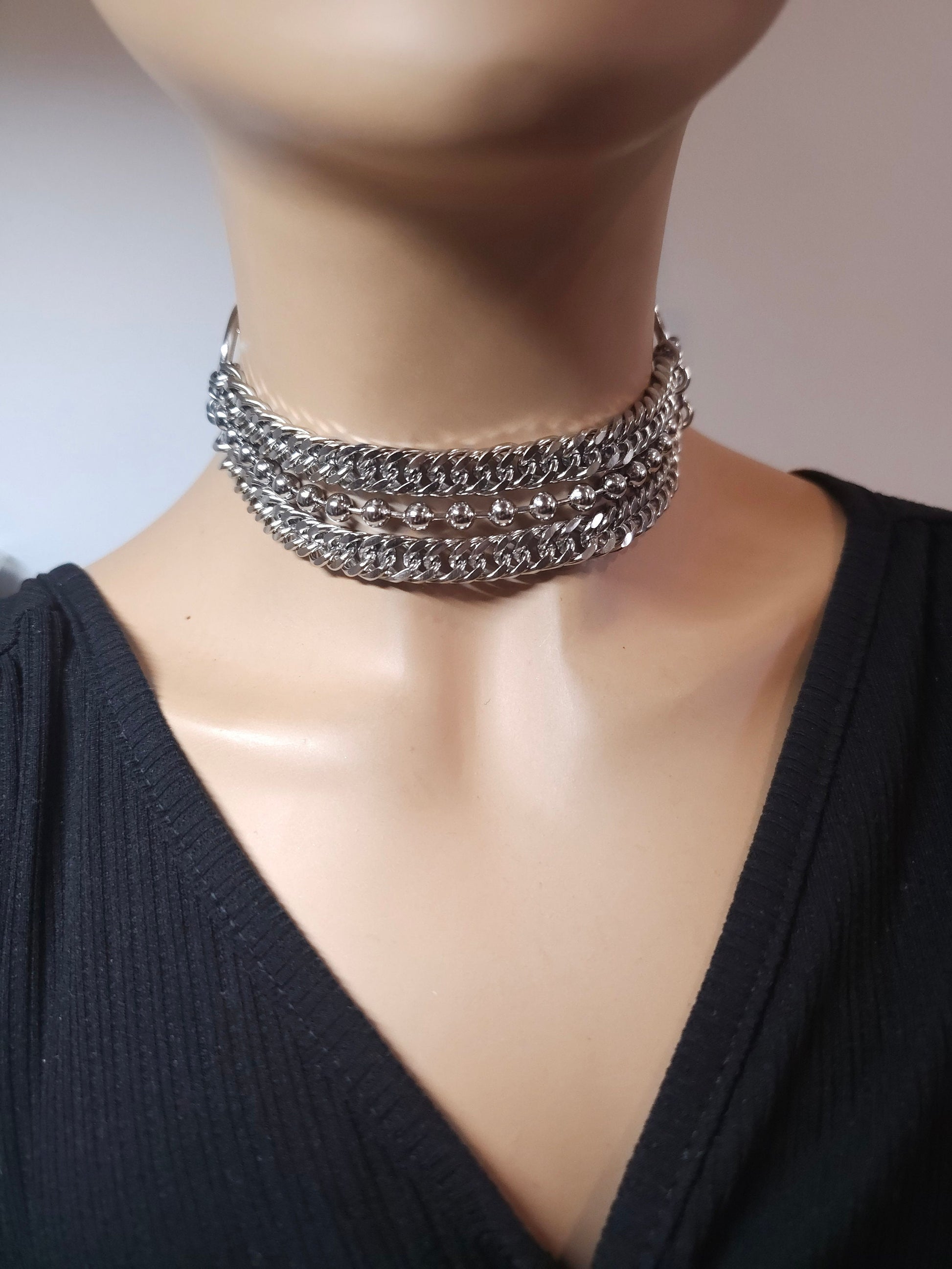 Silver Gothic Layered Steel Chain Punk Collar Choker Necklace | A Handmade aesthetic statement multi strand necklace gift for her