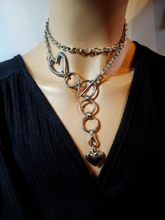 Toggle Heart Steel Gothic Choker Collar Wrap Statement Adjustable Layered Necklace | handmade chunky chain punk style jewelry gift for her