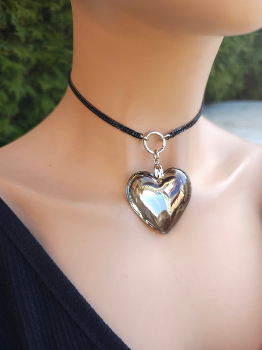 Black Steel Gothic Glass Heart Choker Collar Necklace | statement necklace punk aesthetic handmade jewelry gift for her