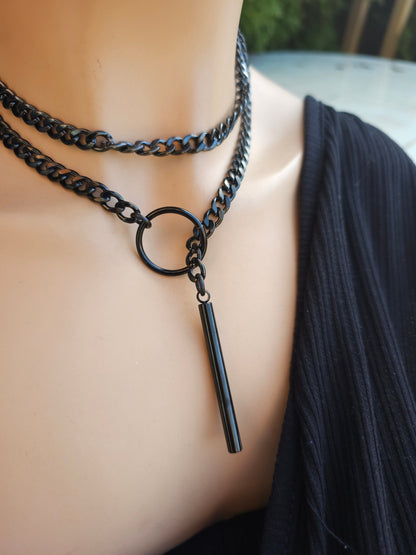 Black Steel Lariat Choker Wrap Necklace Set & Bar pendant | Dark Academia Aesthetic statement handmade jewelry gift for her, Punk and Gothic