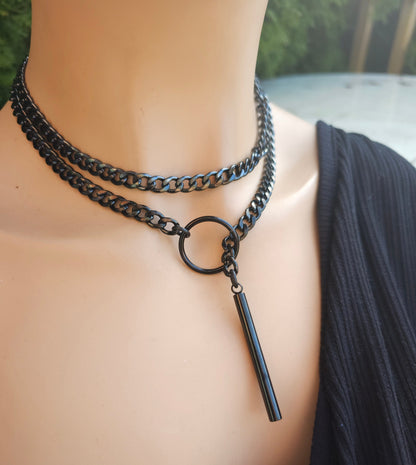 Black Steel Lariat Choker Wrap Necklace Set & Bar pendant | Dark Academia Aesthetic statement handmade jewelry gift for her, Punk and Gothic