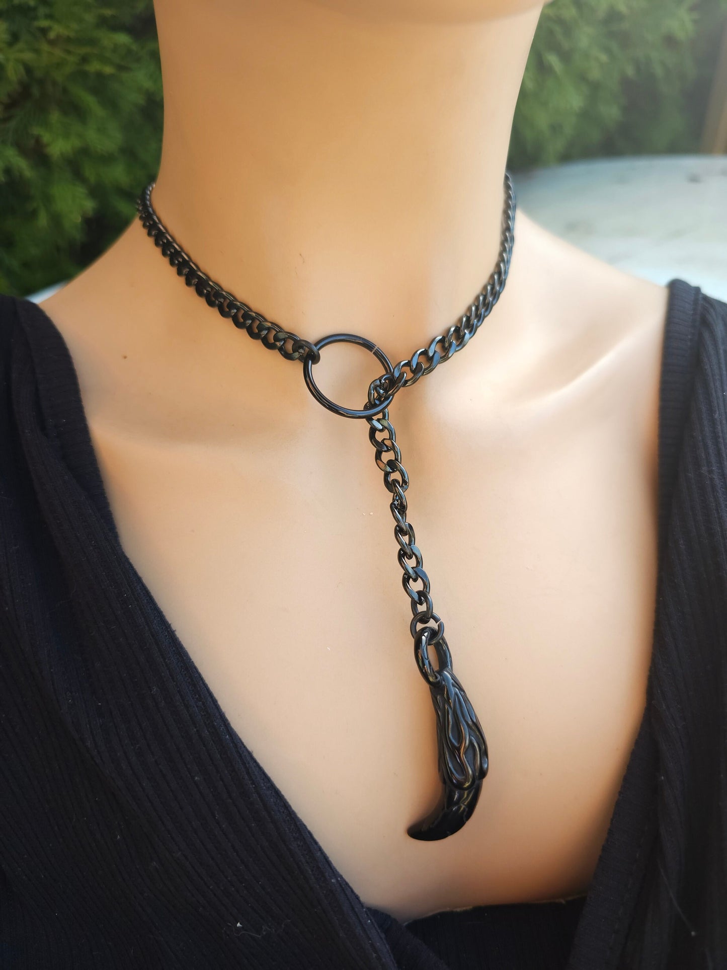 Slip Chain Black Steel Gothic Punk Collar Choker Lariat Wrap Necklace with Steel Tusk Pendant, Handmade Dark Academia Aesthetic gift for her