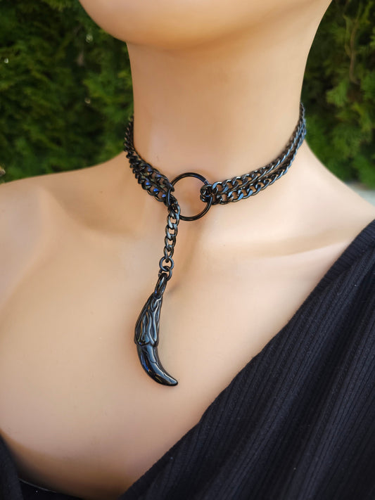 Slip Chain Black Steel Gothic Punk Collar Choker Lariat Wrap Necklace with Steel Tusk Pendant, Handmade Dark Academia Aesthetic gift for her