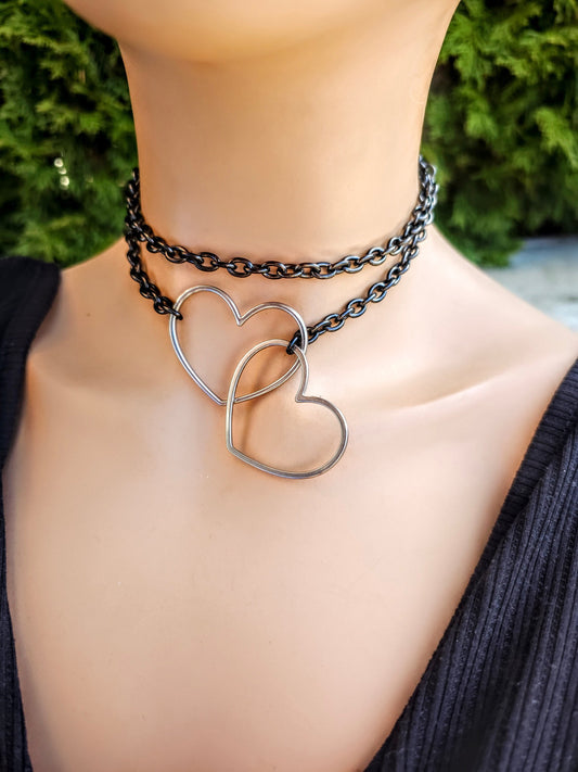 Slip Chain Black Steel Lariat Leash Gothic Collar Choker Heart Layered Necklace | handmade punk alt dark academia aesthetic gift for her