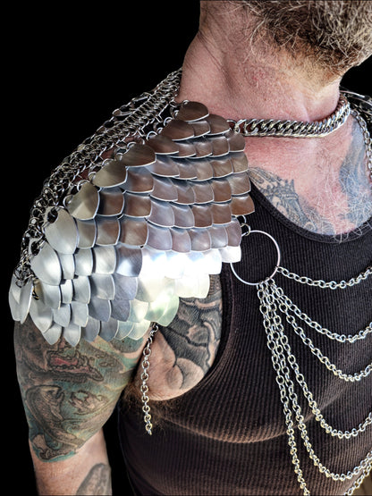 Halloween Viking, Dragon, Fairy Scalemail Cosplay Chainmail Festival Outfit Corset Shoulder Armor in Silver Rave Costume