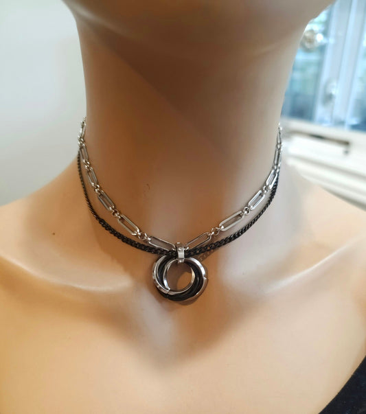 Silver & Black Steel Day Collar Choker Gothic Punk Necklace | Infinity Pendant and Chain with Permanent Locking Clasp Option