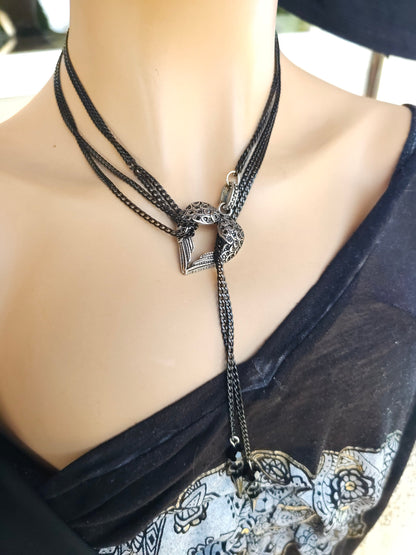 Black Steel Chain Gothic Bolero Wrap Collar Choker Layered Lariat Necklace with Heart - Handmade Grunge Punk Aesthetic Jewelry Gift for Her