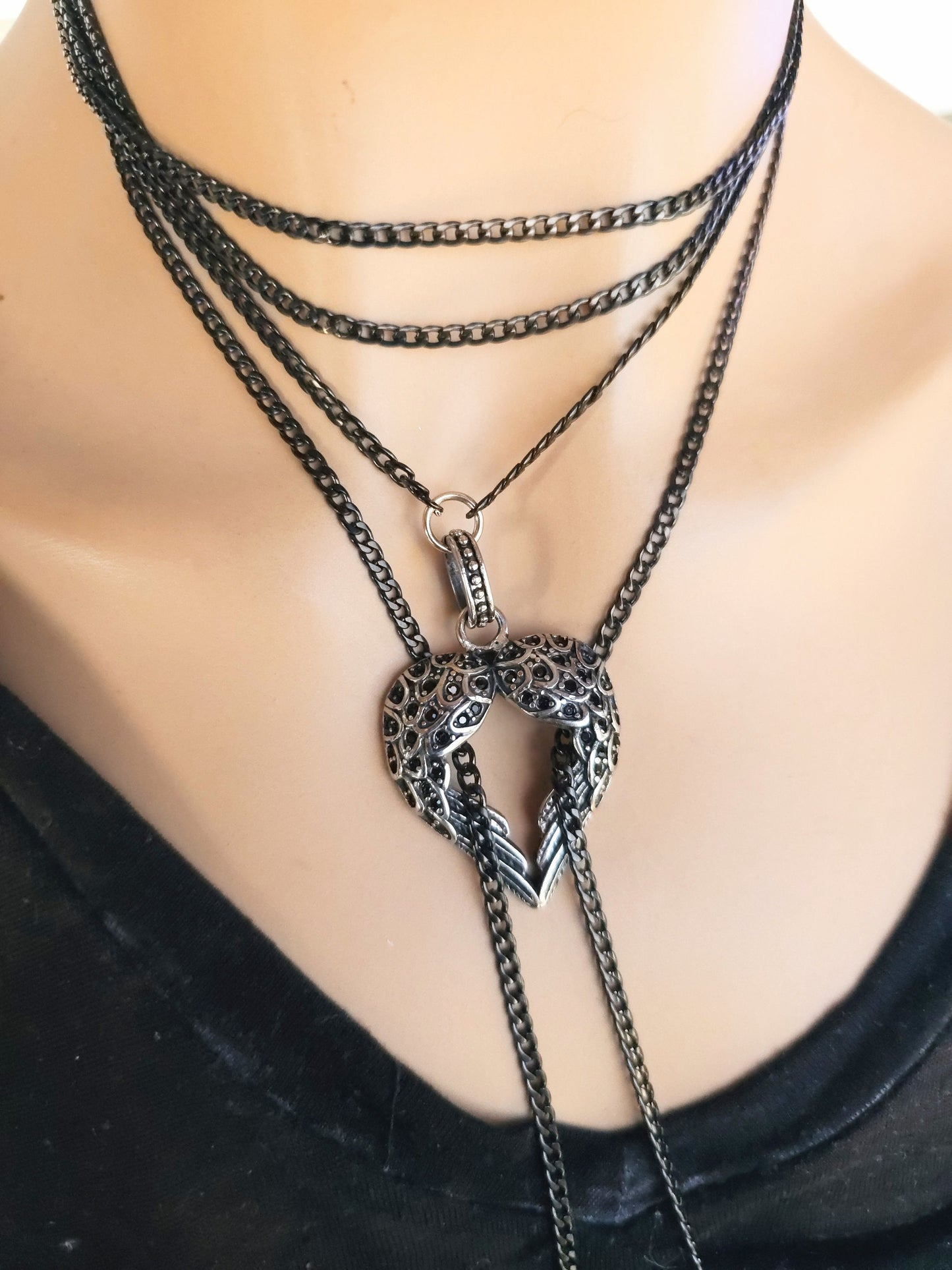 Black Steel Chain Gothic Bolero Wrap Collar Choker Layered Lariat Necklace with Heart - Handmade Grunge Punk Aesthetic Jewelry Gift for Her