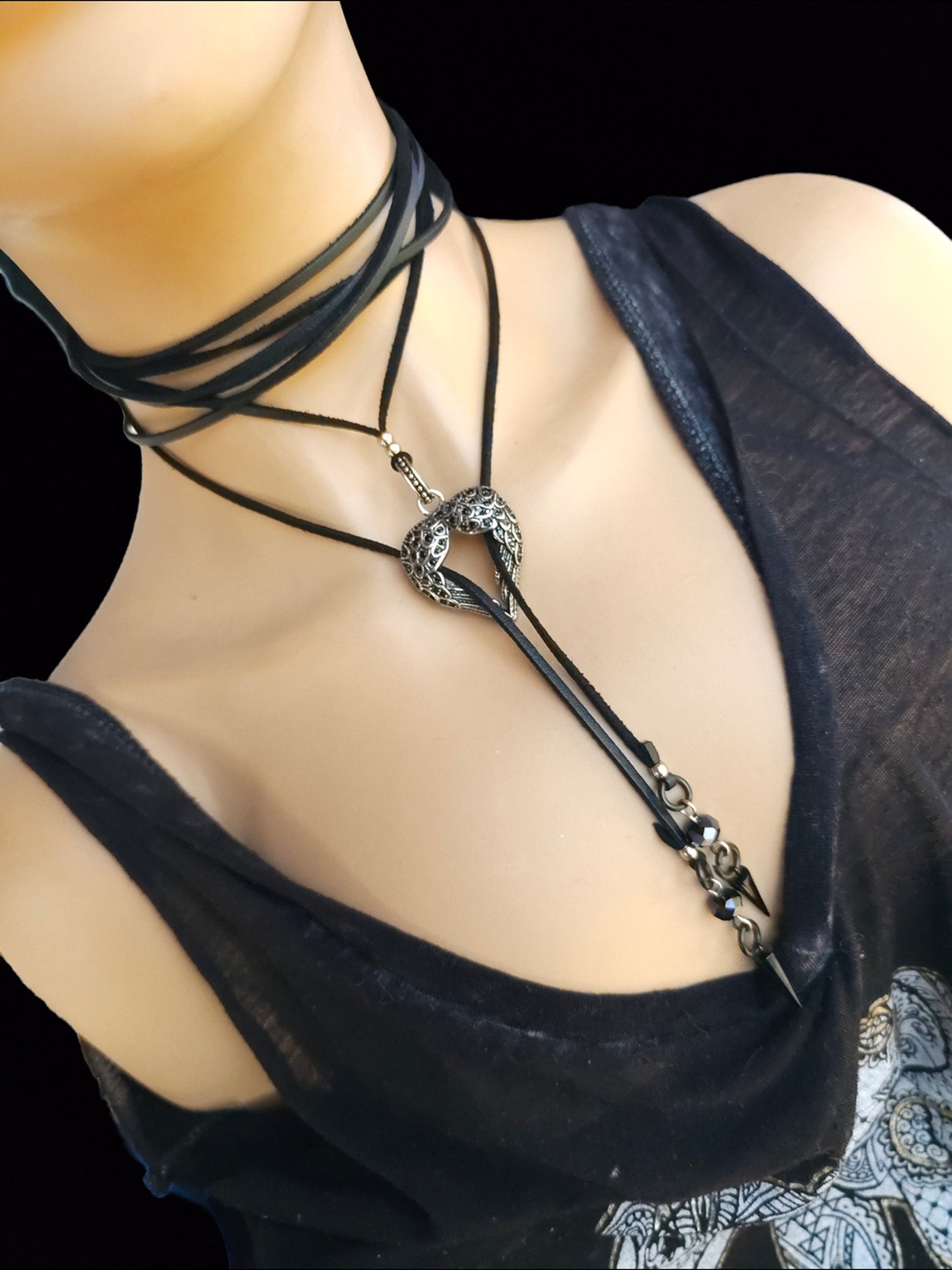 Black Leather Gothic Bolero Wrap Collar Choker Layered Lariat Necklace w/ Spikes Heart - Handmade Grunge Punk Aesthetic Jewelry Gift for Her