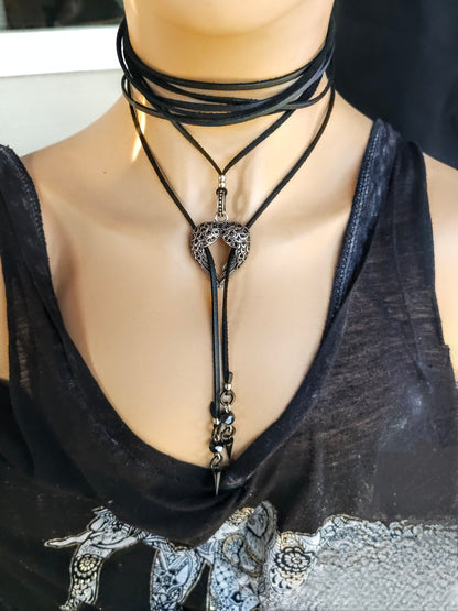 Black Leather Gothic Bolero Wrap Collar Choker Layered Lariat Necklace w/ Spikes Heart - Handmade Grunge Punk Aesthetic Jewelry Gift for Her