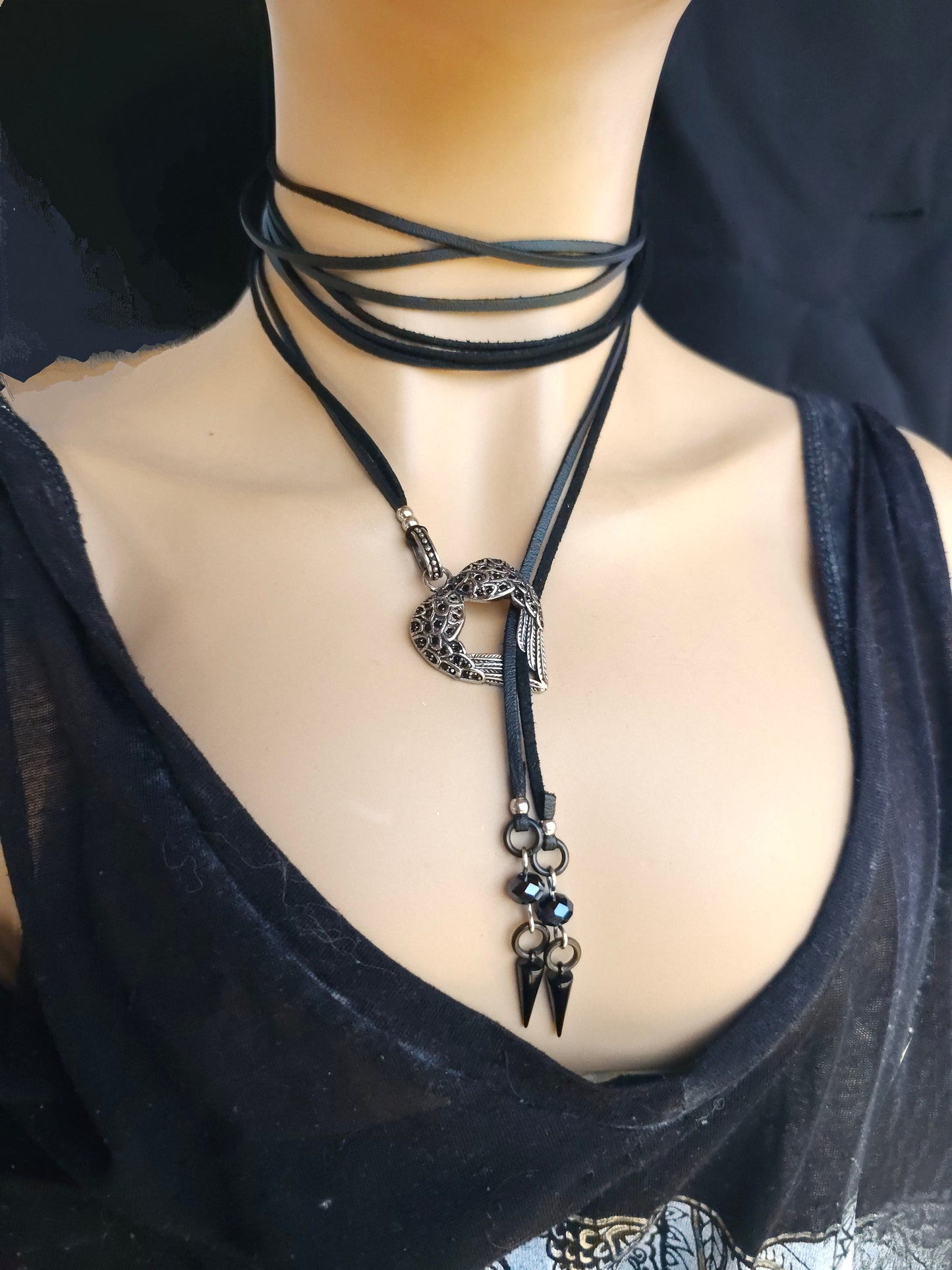 Black Leather Gothic Bolero Wrap Collar Choker Layered Lariat Necklace w/ Spikes Heart - Handmade Grunge Punk Aesthetic Jewelry Gift for Her