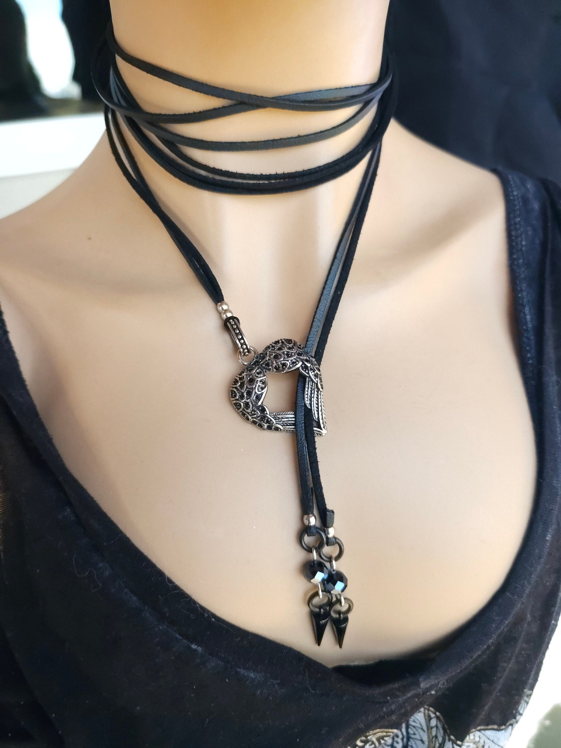 Black Leather Gothic Bolero Wrap Collar Choker Layered Lariat Necklace w/ Spikes Heart - Handmade Grunge Punk Aesthetic Jewelry Gift for Her