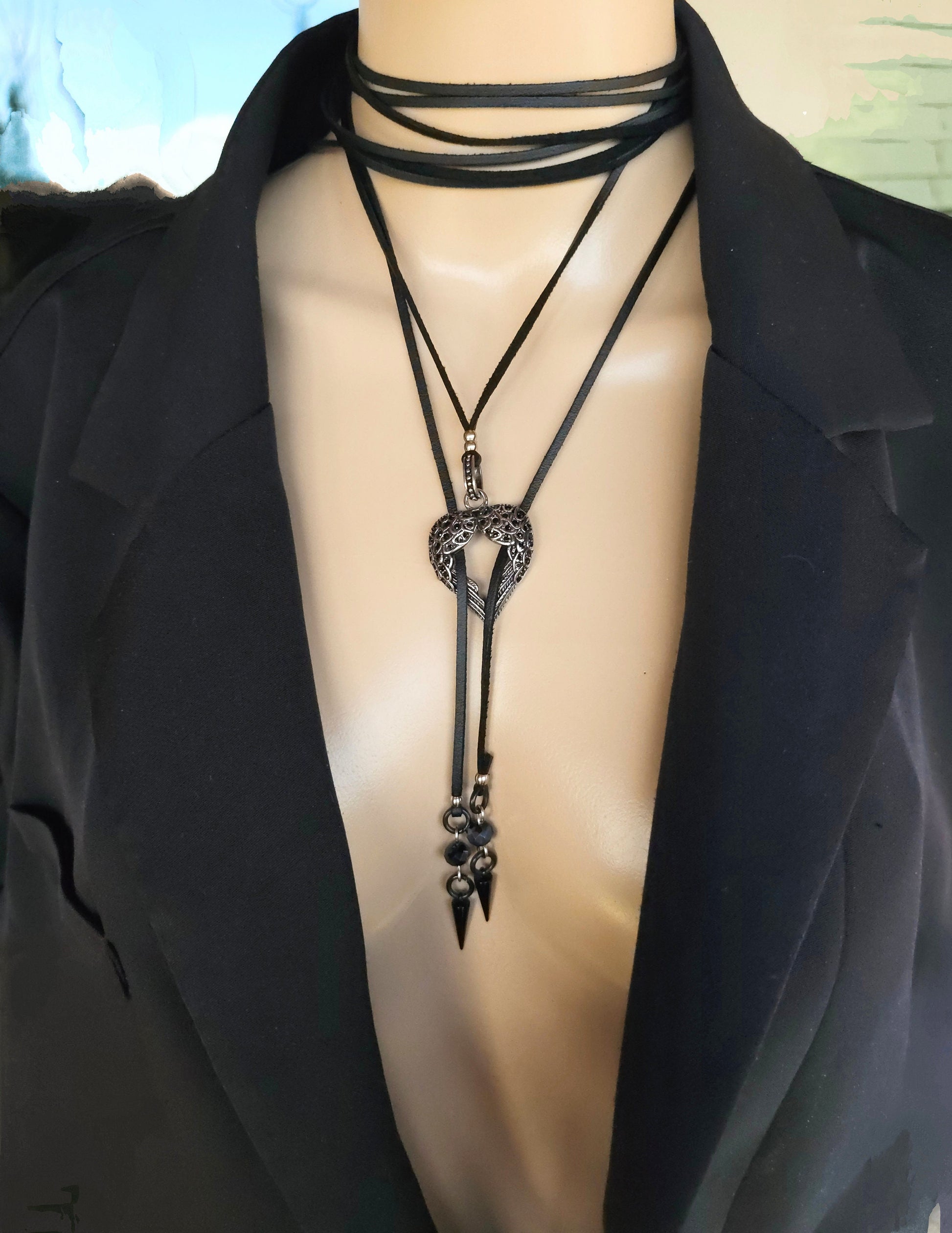 Black Leather Gothic Bolero Wrap Collar Choker Layered Lariat Necklace w/ Spikes Heart - Handmade Grunge Punk Aesthetic Jewelry Gift for Her