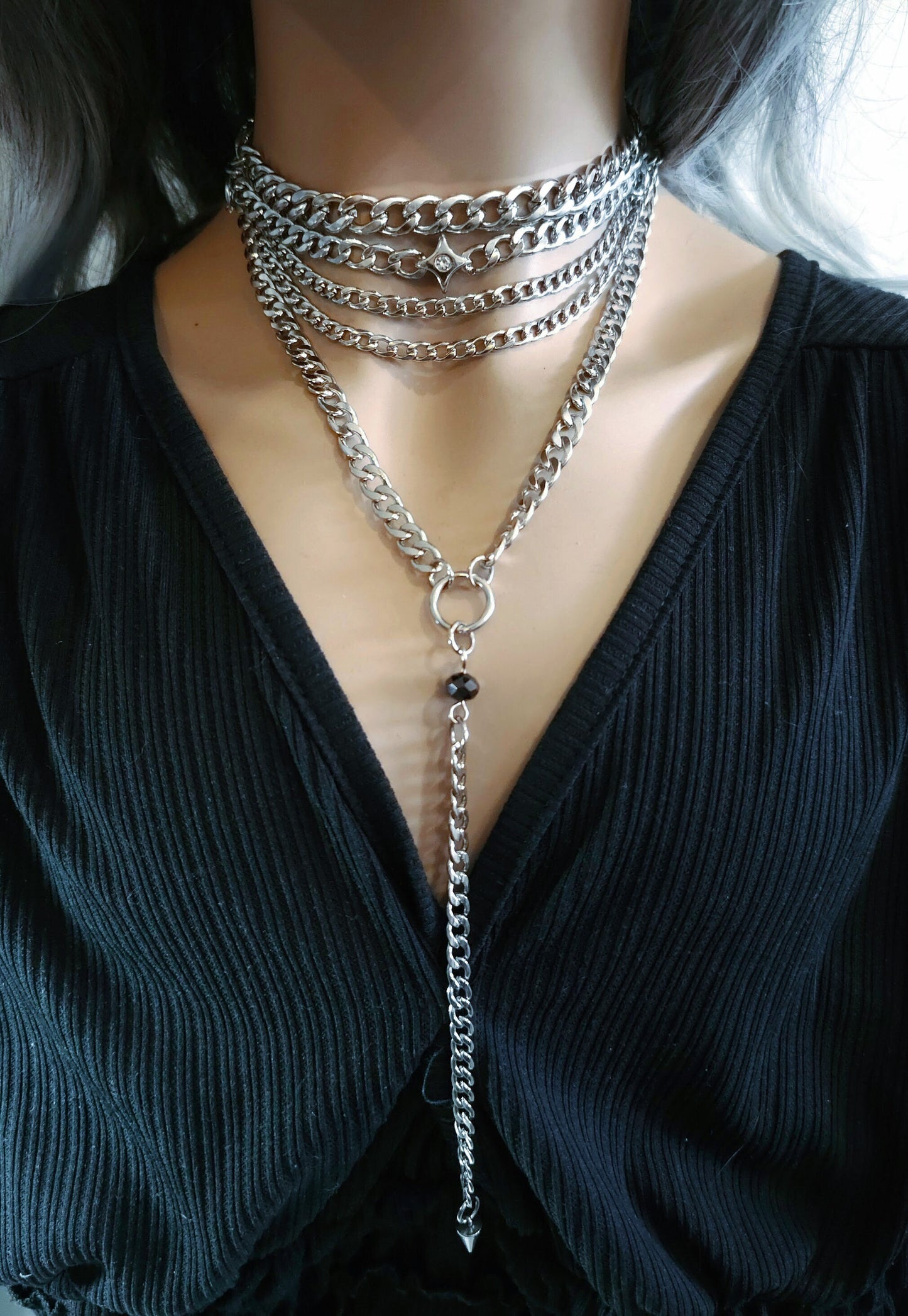 Silver Layered Gothic Punk Choker Collar Multi Strand Chunky Chain Necklace Set | non tarnish, Handmade aesthetic Jewelry gift for her