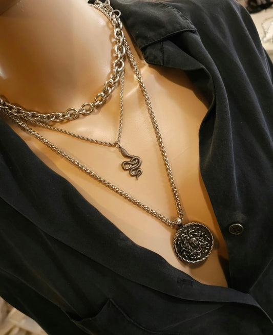 Steel Medusa Medallion Layered Snake Necklace Set - Handmade Alt Goth statement jewelry gift for her, waterproof