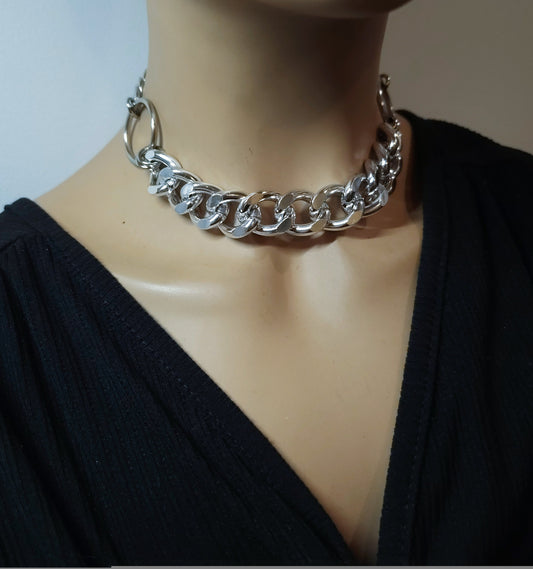 Silver Gothic Punk Collar Choker Chunky Chain Necklace | Stunning Dark Academia aesthetic handmade necklace gift for her