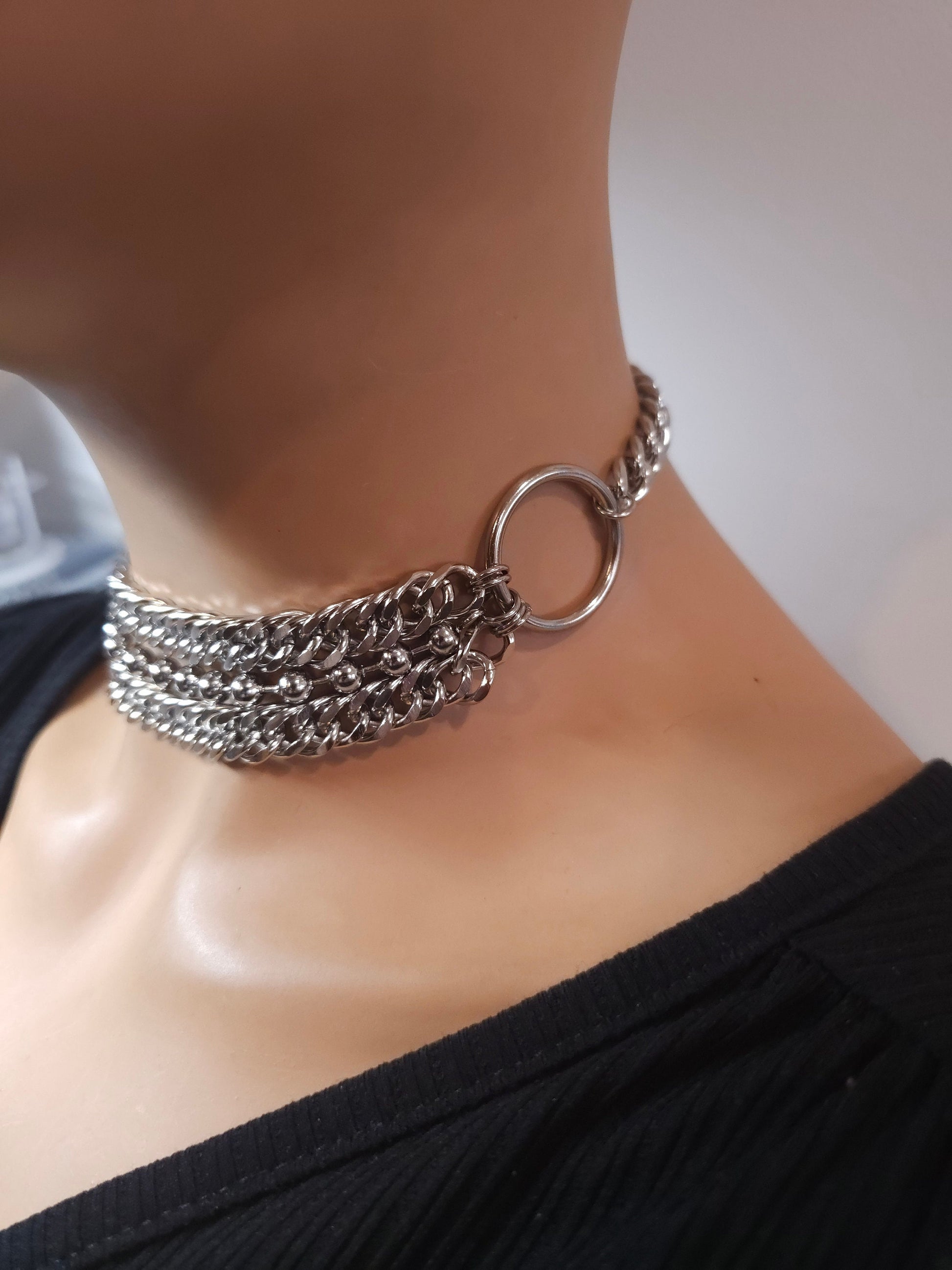 Silver Gothic Layered Steel Chain Punk Collar Choker Necklace | A Handmade aesthetic statement multi strand necklace gift for her