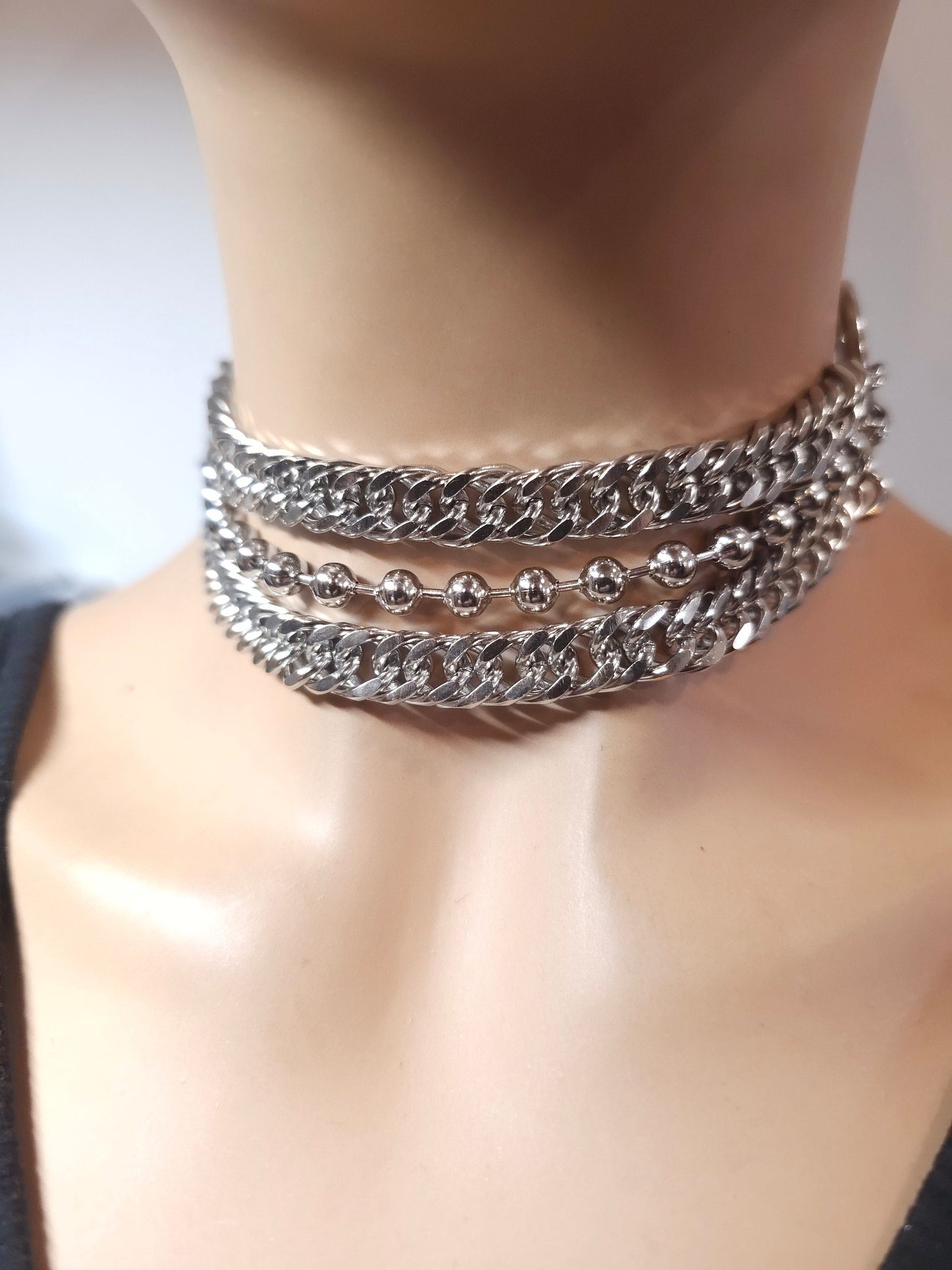 Silver Gothic Layered Steel Chain Punk Collar Choker Necklace | A Handmade aesthetic statement multi strand necklace gift for her