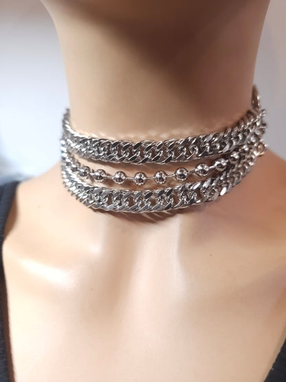 Silver Gothic Layered Steel Chain Punk Collar Choker Necklace | A Handmade aesthetic statement multi strand necklace gift for her