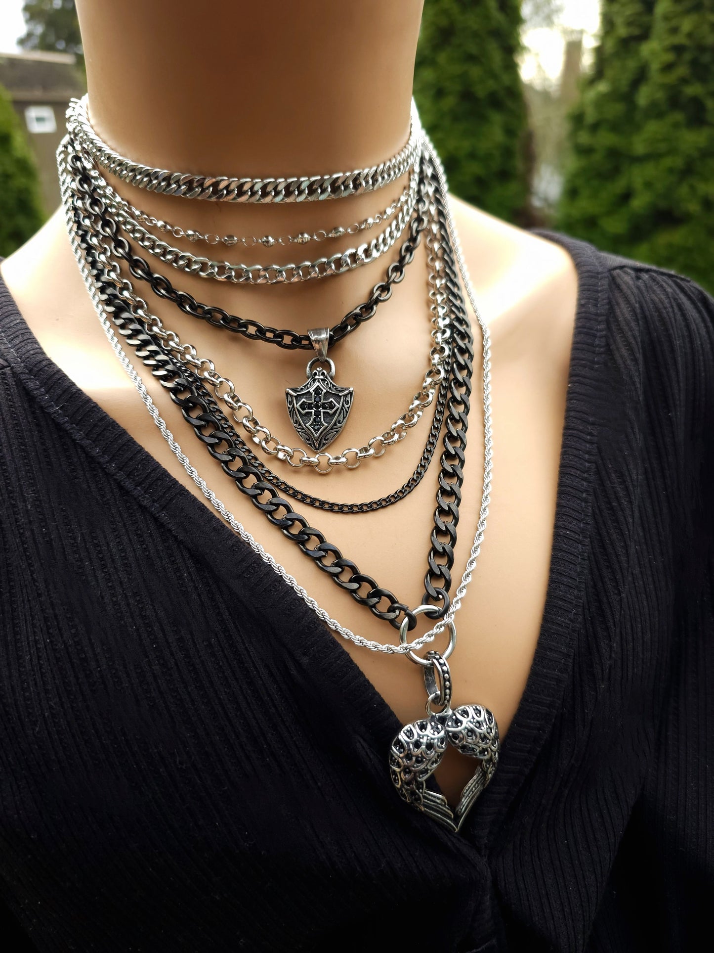 Black Steel Multi Strand Chunky Chain Gothic Choker Collar Layered Necklace Set waterproof Handmade aesthetic jewelry gift for her