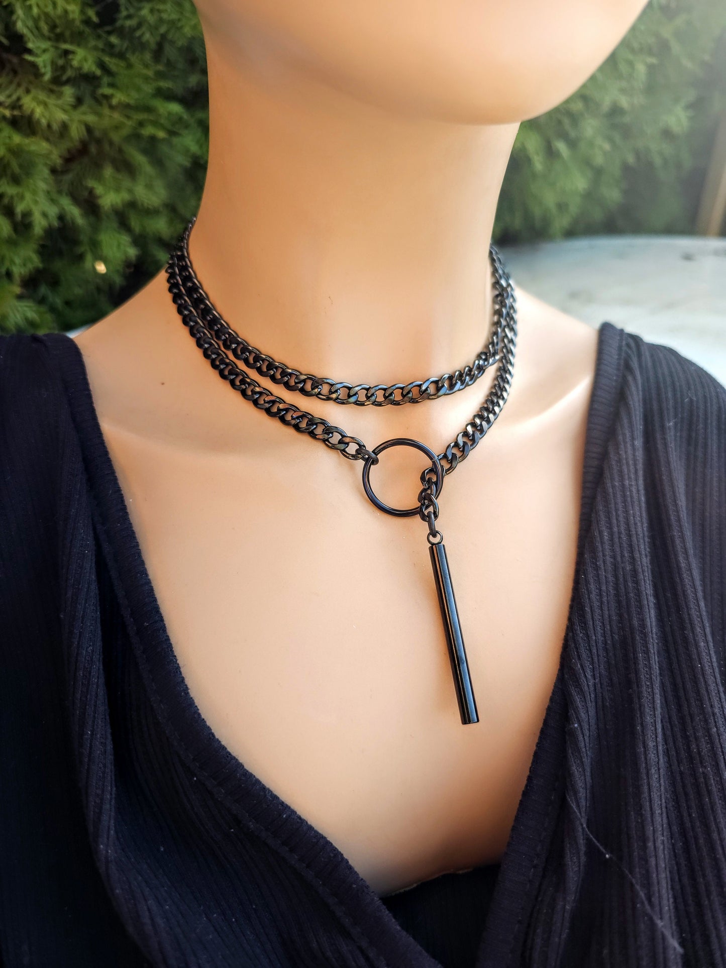 Black Steel Lariat Choker Wrap Necklace Set & Bar pendant | Dark Academia Aesthetic statement handmade jewelry gift for her, Punk and Gothic