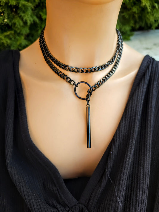 Black Steel Lariat Choker Wrap Necklace Set & Bar pendant | Dark Academia Aesthetic statement handmade jewelry gift for her, Punk and Gothic