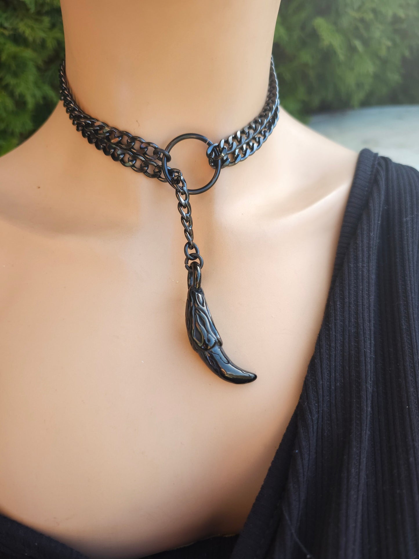 Slip Chain Black Steel Gothic Punk Collar Choker Lariat Wrap Necklace with Steel Tusk Pendant, Handmade Dark Academia Aesthetic gift for her