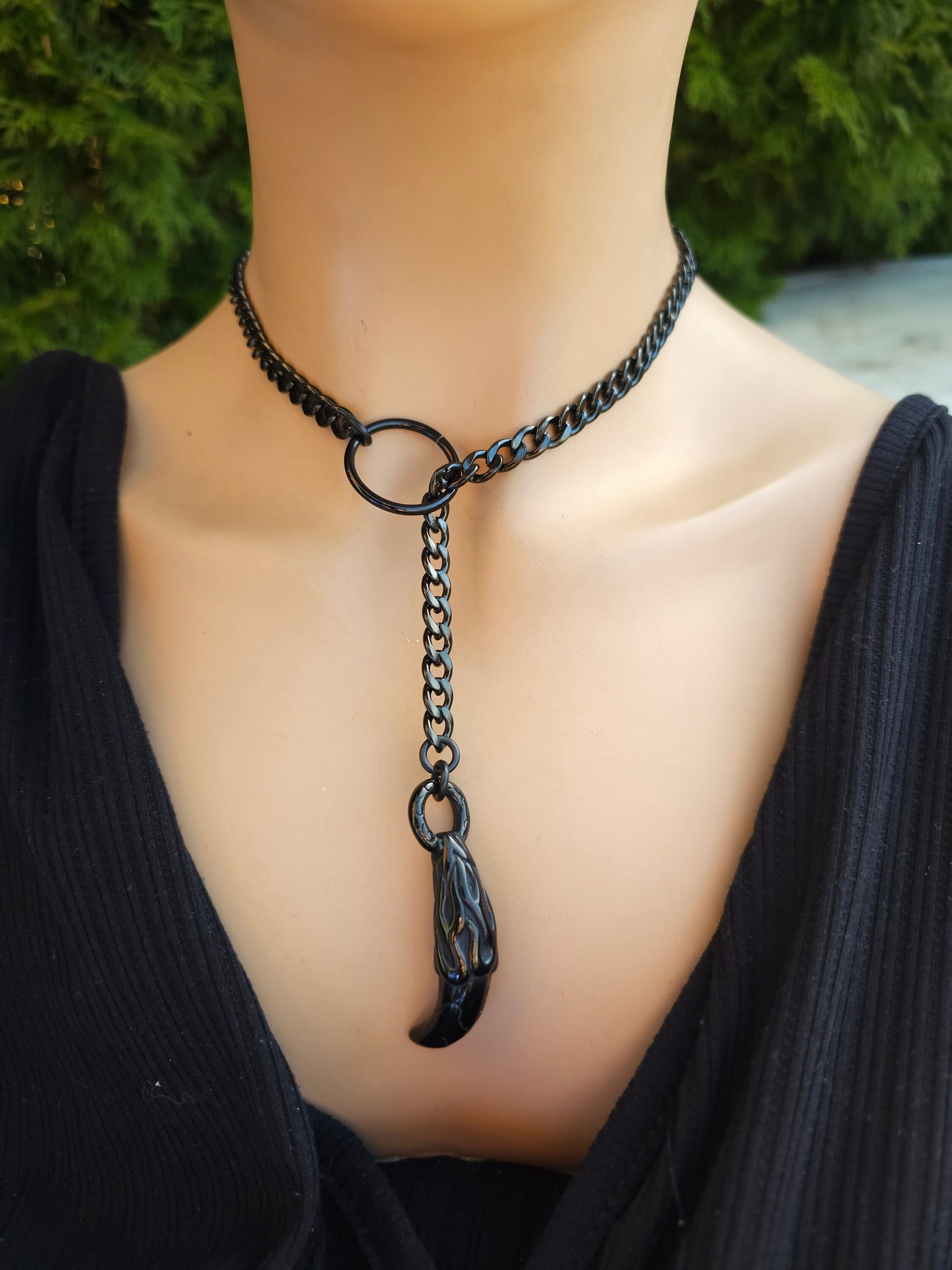 Slip Chain Black Steel Gothic Punk Collar Choker Lariat Wrap Necklace with Steel Tusk Pendant, Handmade Dark Academia Aesthetic gift for her