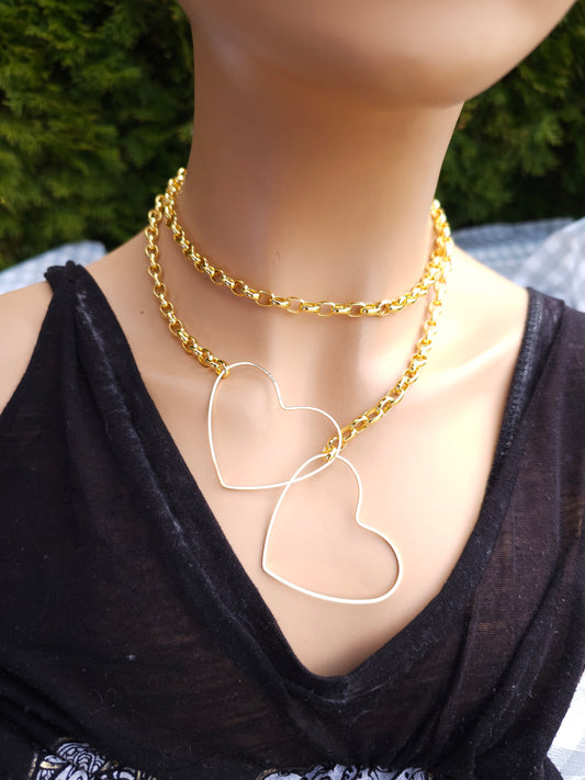 Slip Chain Gold Plated Lariat Leash Gothic Collar Choker Heart Layered Necklace | handmade punk alt aesthetic gift for her