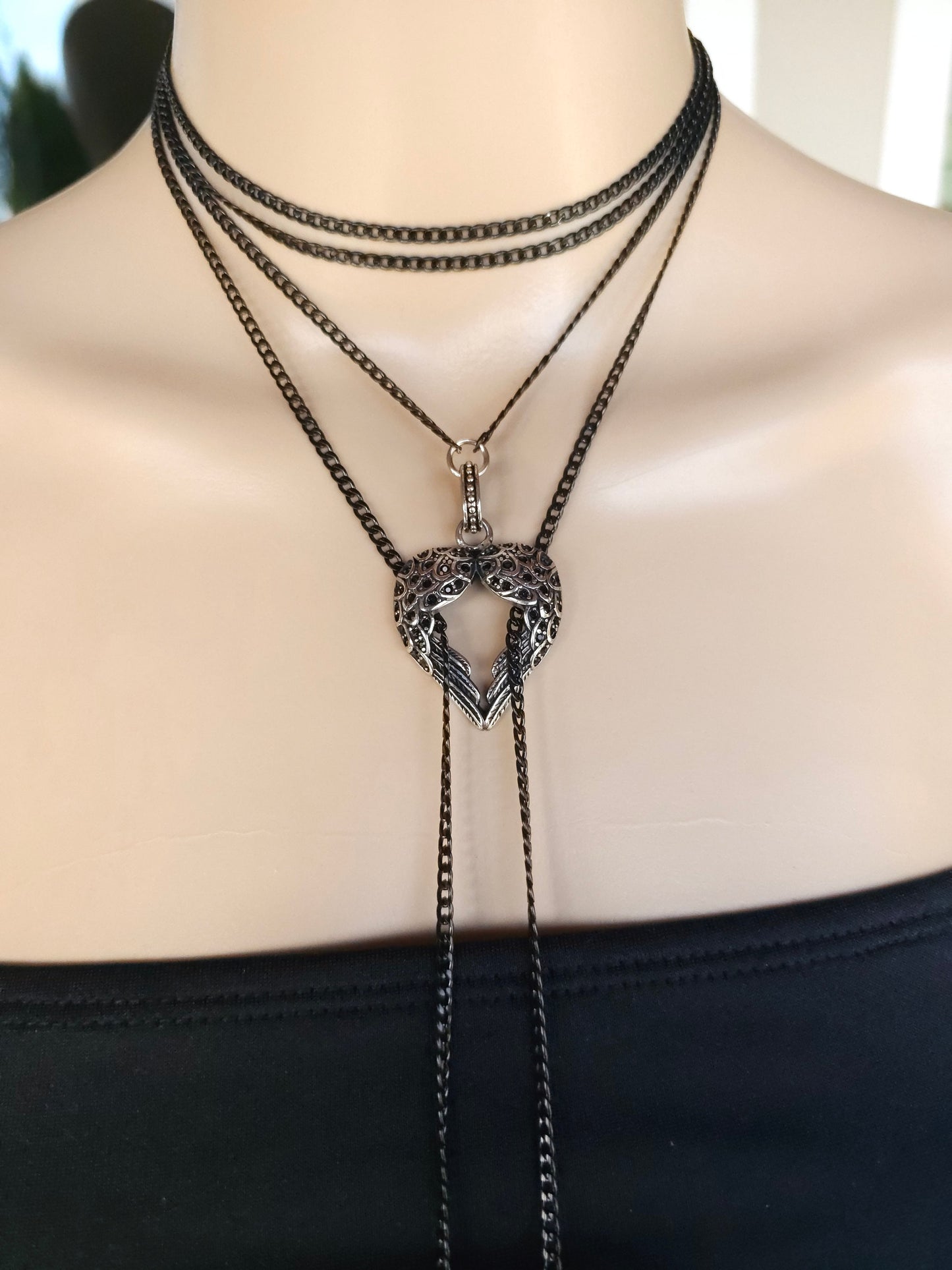 Black Steel Chain Gothic Bolero Wrap Collar Choker Layered Lariat Necklace with Heart - Handmade Grunge Punk Aesthetic Jewelry Gift for Her