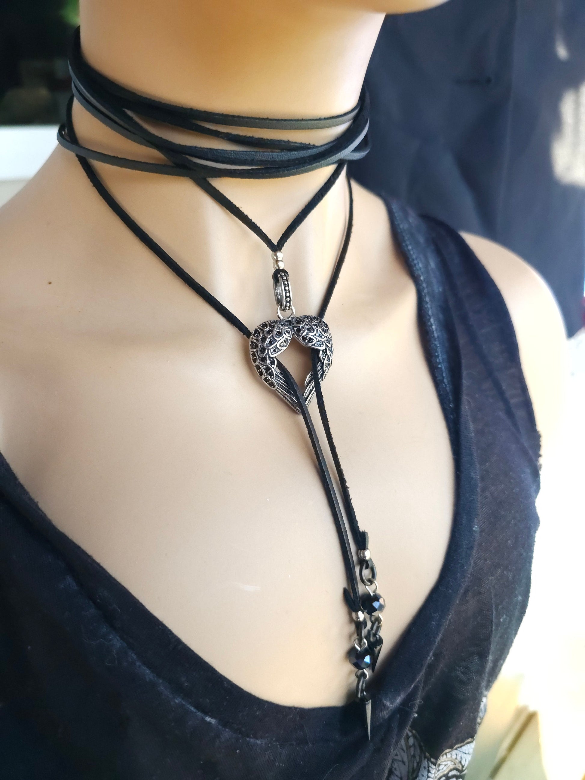 Black Leather Gothic Bolero Wrap Collar Choker Layered Lariat Necklace w/ Spikes Heart - Handmade Grunge Punk Aesthetic Jewelry Gift for Her