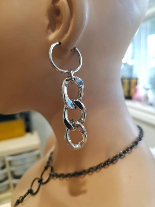 Steel Big Chunky Chain Dangle Earrings Pair on Huggie Hoops or Ear Wire - Surgical Steel, handmade punk hip hop miami jewelry